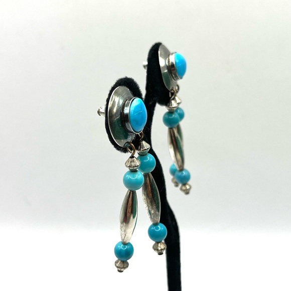 Sterling Silver 925 and Blue Turquoise Dangle Earrings Boho Southwest Earrings - Picture 2 of 9